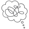 A thought bubble containing a simple drawing of a rose with leaves.