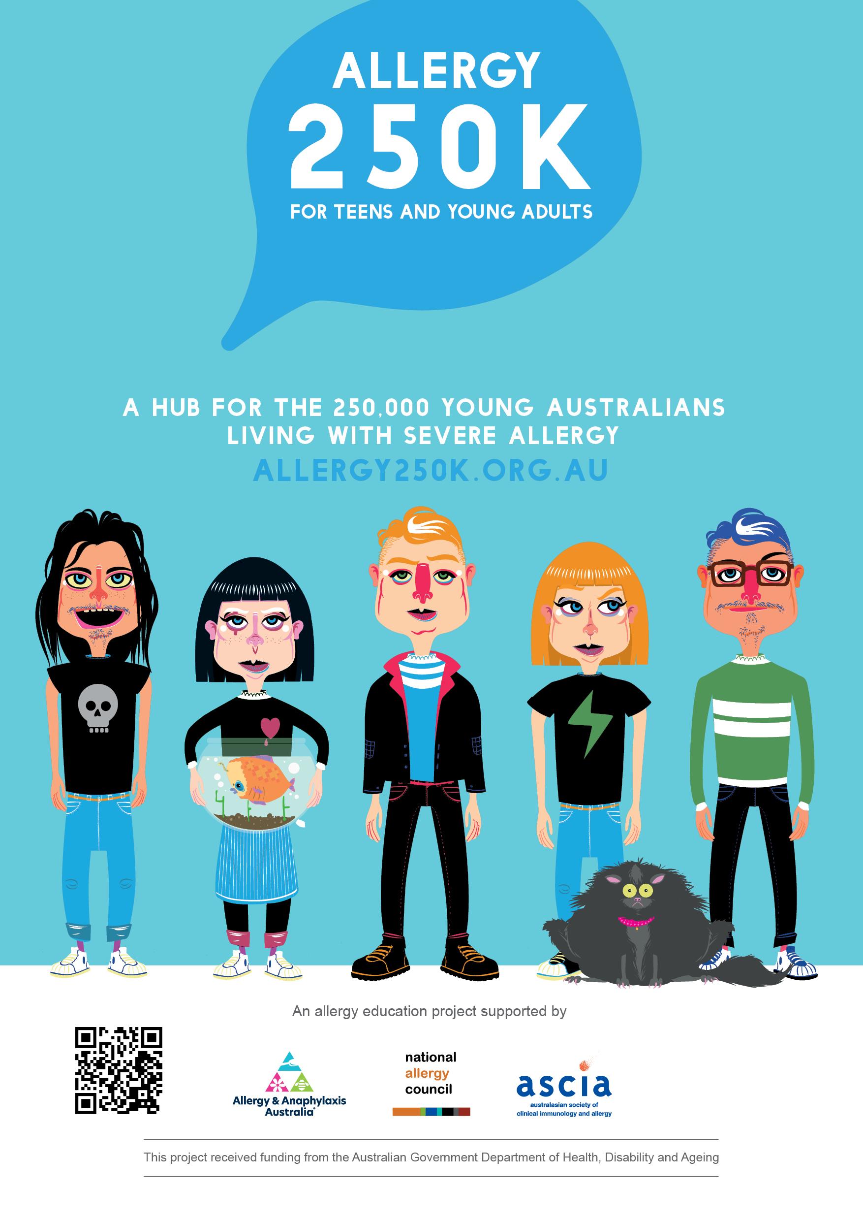 Poster: 'Allergy 250K' — hub for teens and young adults. Cartoon row of five young people with a fishbowl and fluffy cat. allergy250k.org.au