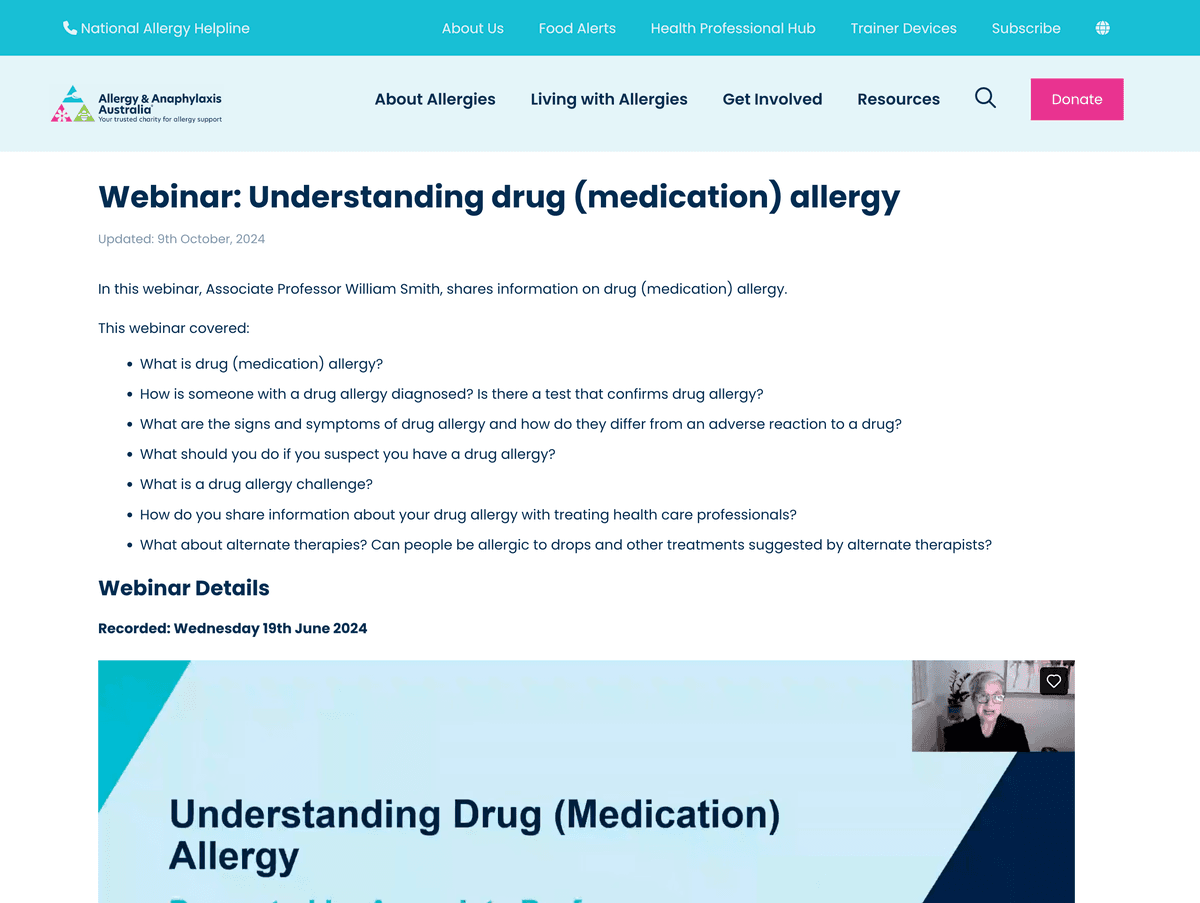 Webinar page on drug allergies, discussing diagnosis, symptoms, and treatment, with a video featuring a speaker in the bottom right corner.