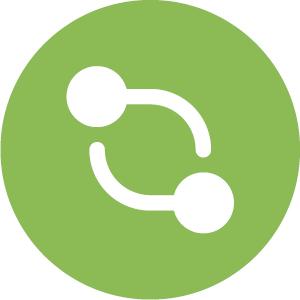 A green circle with two white curved lines connecting two white dots, resembling a stylized network or connection symbol.
