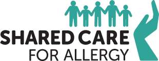 Logo with teal human figures and a hand, text reads "Shared Care for Allergy."