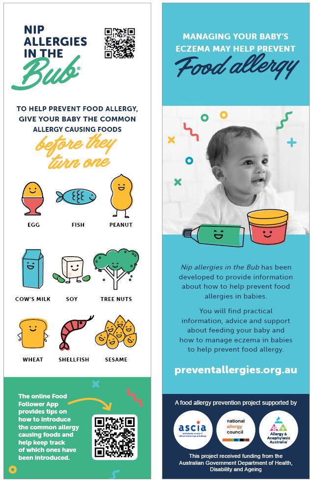 Infographic on preventing food allergies in babies by introducing allergens before age one, featuring illustrations and a photo of a smiling baby.