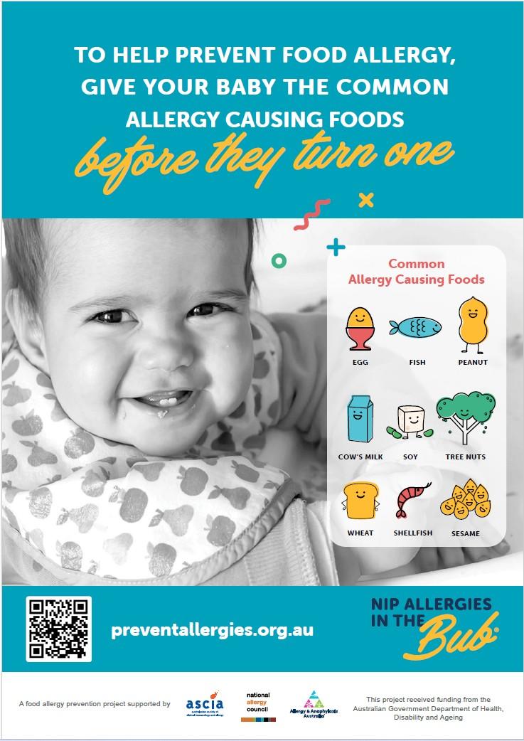 Smiling baby beside a chart of common allergy-causing foods like egg, fish, and peanut. Text encourages introducing these foods before age one.