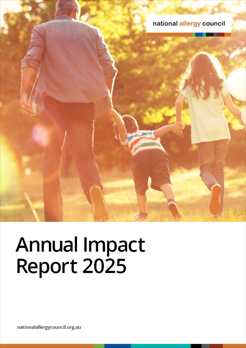 A person and two children holding hands, running towards the sunlit trees. Text reads "Annual Impact Report 2025" by National Allergy Council.
