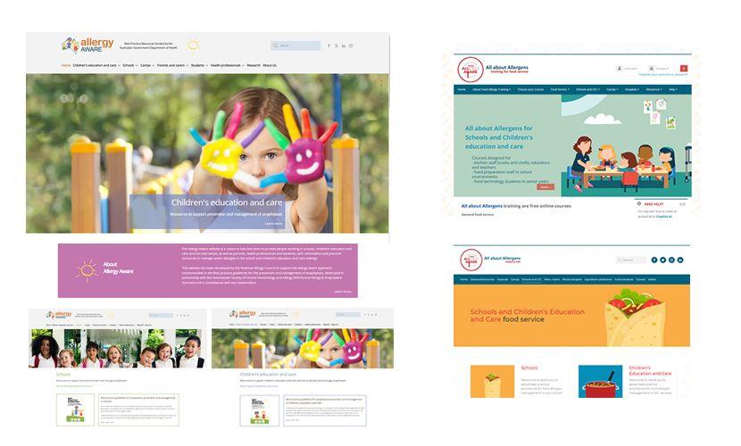 Collage of educational website homepages featuring children, colourful designs, and allergy awareness themes.