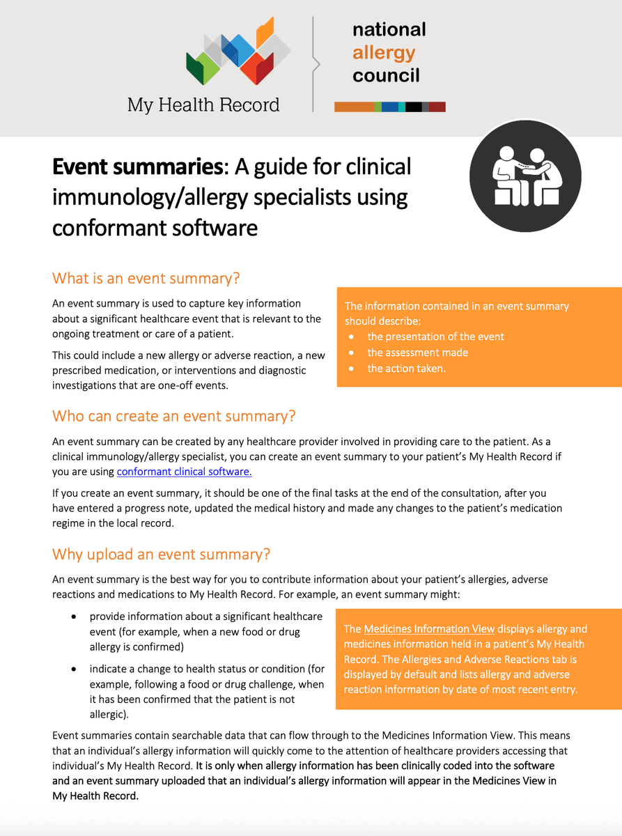 Informational flyer titled "Event summaries" by My Health Record and National Allergy Council, detailing event summaries for allergy specialists.