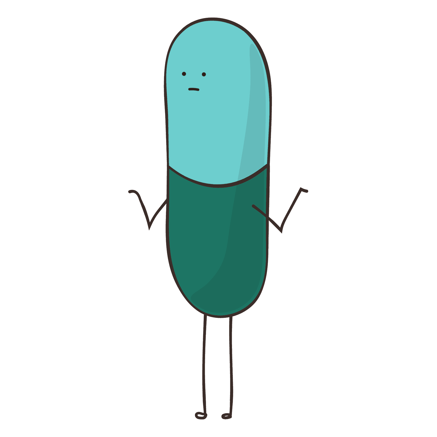 A cartoon pill with a two-tone design, arms, legs, and a face, appearing expressive and upright.