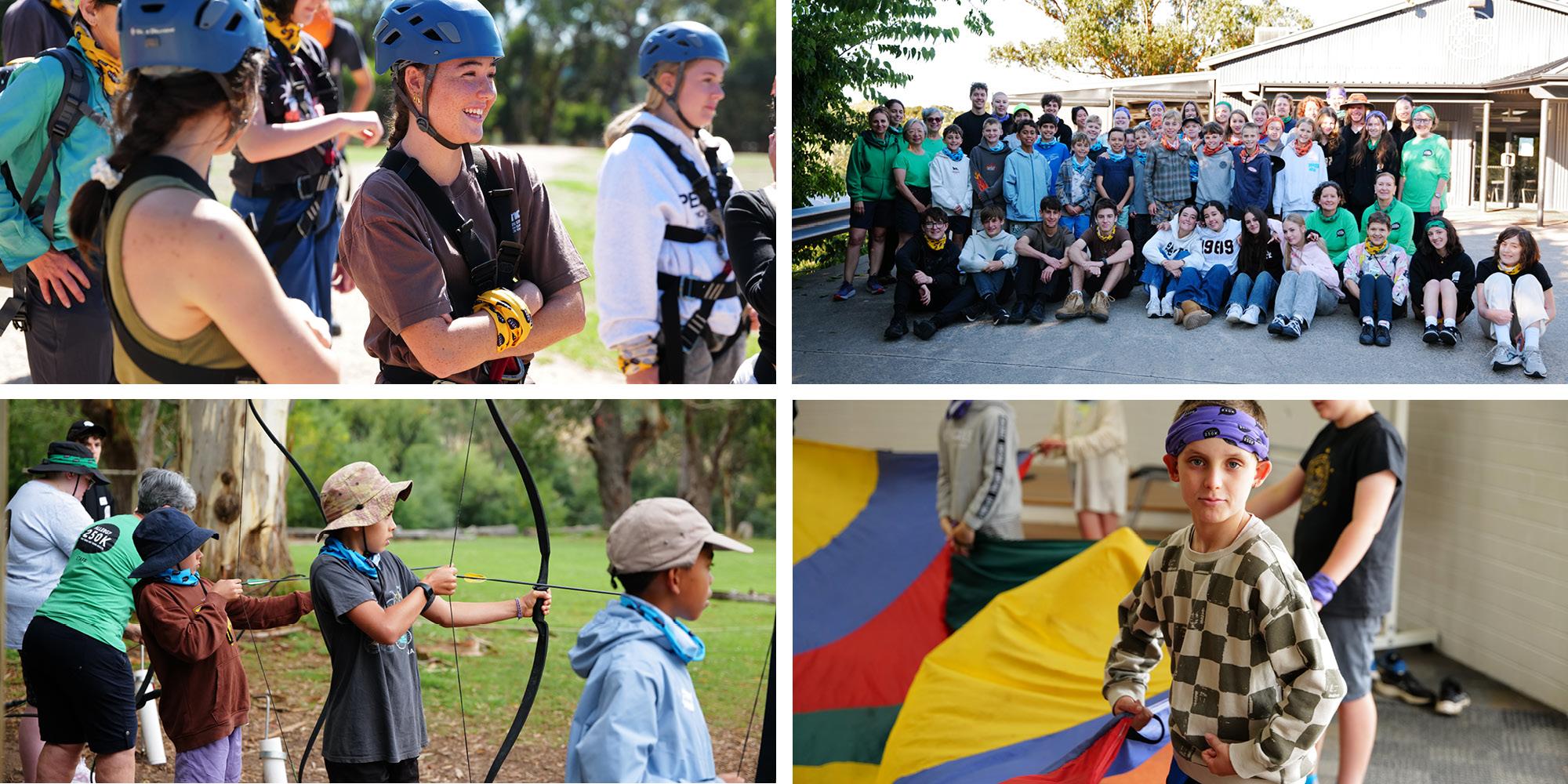 A collage of people engaged in outdoor activities: climbing, group gathering, archery, and indoor games with colorful fabrics.