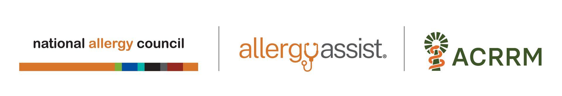 Logos of National Allergy Council, Allergy Assist, and ACRRM with distinct colors and symbols on a white background.