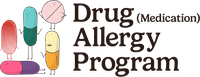 Cartoon capsules with faces and limbs stand near the text "Drug (Medication) Allergy Program."