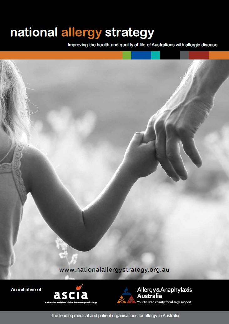 Black and white photo of a child and adult holding hands, with logos and text related to the National Allergy Strategy in Australia.