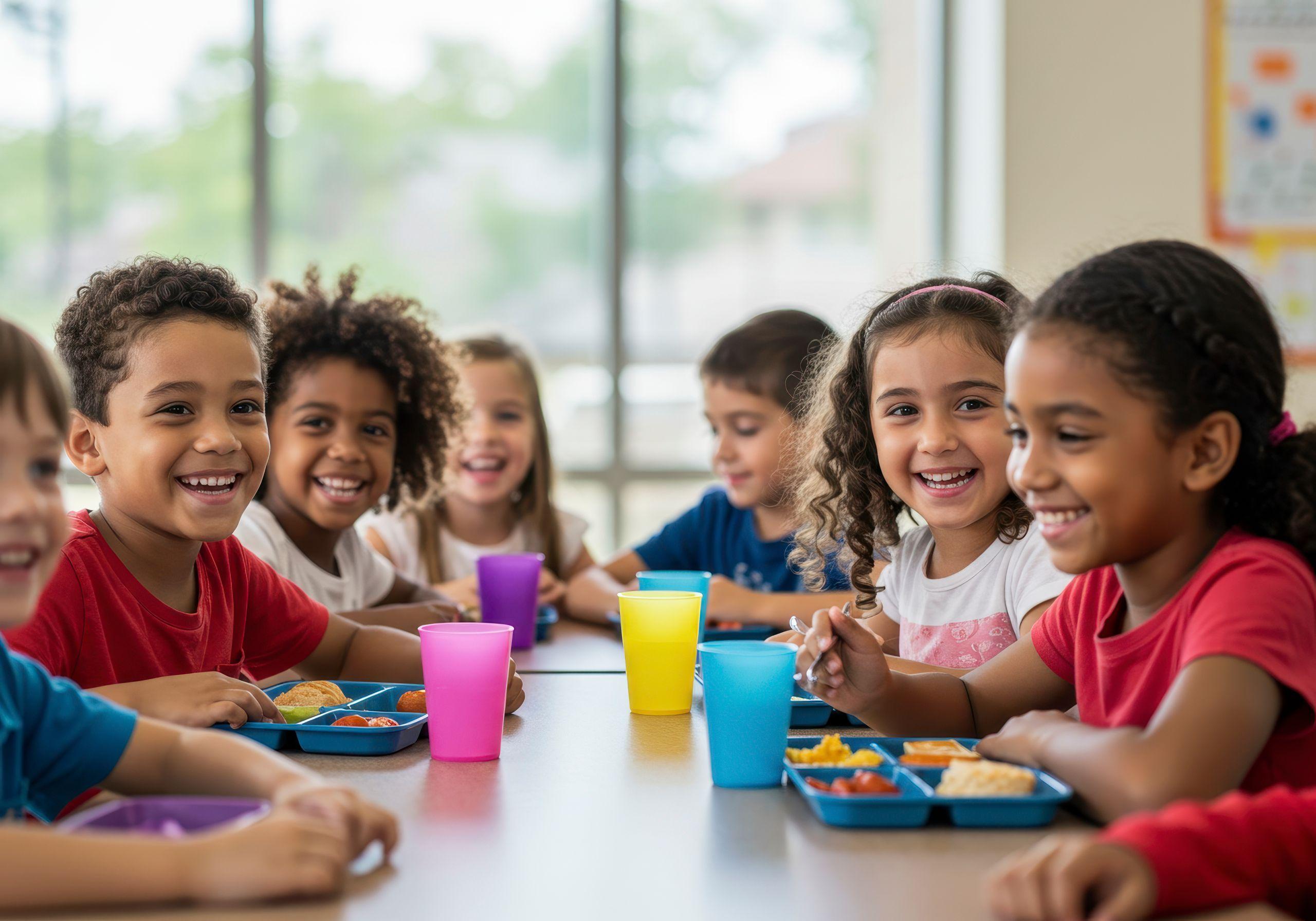 Children sitting at a table, smiling and eating lunch with colorful trays and cups in a bright classroom setting.